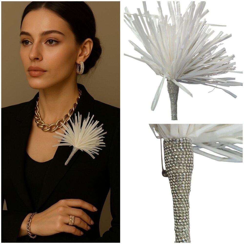 Women's Brooch Aster Flower Voluminous Design Made of White Ribbons with Shimmer